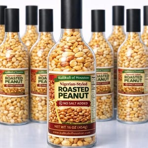 May include: Clear glass bottles filled with roasted peanuts, each topped with a black cap. The labels read "Nigerian-Styled Roasted Peanut" and "No Salt Added." The net weight is 16 oz (454g).
