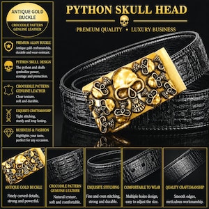 Men’s Python Skull Head Buckle Belt – Black Crocodile Pattern Western Business Belt