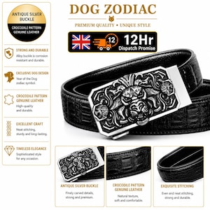 Men's Dog Zodiac Belt, Black Crocodile Leather, Antique Silver Buckle