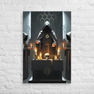 May include: A canvas print depicting a ritual scene. Figures in hooded cloaks surround a table with candles, a skull, and a chalice. The central figure wears a pendant. The background features a honeycomb-like design.
