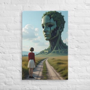 May include: A canvas print featuring a surreal landscape. A person in a red top and white skirt stands on a dirt road, facing a giant, green, robotic-looking face. The background includes fields, hills, and a blue sky with clouds.
