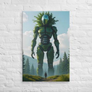 May include: A canvas print featuring a giant green robot with a tree-like head, standing in a forest. A small figure stands on a path leading towards the robot. The robot has a metallic, reflective head and is covered in green vegetation.