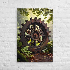 May include: A canvas print featuring a large, rusty gear set in a forest setting. The central gear is the focal point, with smaller gears visible within. The artwork has a steampunk aesthetic, with a color palette of browns, greens, and hints of yellow.