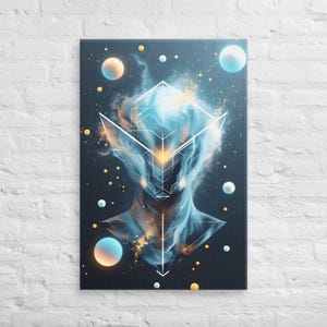 May include: A canvas print featuring a digital art design of a humanoid figure with a geometric head and a flowing, ethereal body. The artwork is predominantly blue and white, with accents of gold and yellow, set against a dark background with celestial orbs.