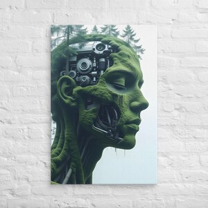 May include: A canvas print featuring a surreal portrait of a human head with a mechanical interior and a moss-like exterior. The artwork blends organic and technological elements, with gears and machinery visible within the head, and a forest on top.
