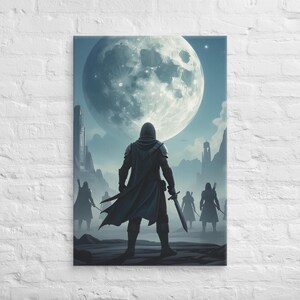 May include: Canvas art print featuring a hooded figure with a sword, standing before a large moon. Other figures with swords are in the background. The artwork has a fantasy theme with a blue and gray color palette.