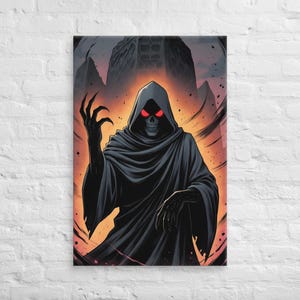 May include: Canvas art print featuring a hooded figure with a skull face and glowing red eyes. The figure is draped in a black cloak, with a dark background and an orange and red glow. The artwork has a fantasy theme.