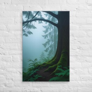 May include: A canvas print depicting a misty forest scene. A large tree trunk dominates the right side, with exposed roots covered in green moss. Ferns and a path lead into the foggy background, creating a serene, natural landscape.