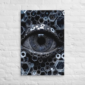 May include: A canvas print featuring a detailed, stylized eye with a dark pupil and intricate geometric patterns. The eye is surrounded by a network of hexagonal shapes in shades of gray and white, creating a futuristic, abstract design.