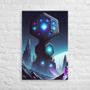 May include: An artistic canvas print depicts a futuristic structure with geometric shapes and glowing blue and purple lights. The artwork is set against a starry sky and a planet, evoking a sci-fi or fantasy theme.