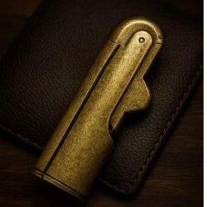 Peut inclure: Un briquet de couleur laiton antique avec un corps rectangulaire et un dessus arrondi. Le briquet a un couvercle &agrave; charni&egrave;re et un design incurv&eacute; et ergonomique. La surface montre des signes d'usure, lui donnant un aspect vintage. Le briquet est pos&eacute; sur une surface en cuir brun fonc&eacute;.