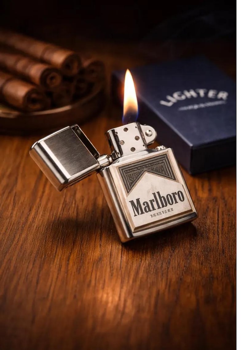 May include: A silver-coloured, open lighter with a flame, featuring the Marlboro logo. The lighter is on a wooden surface, with a box labelled "Lighter" in the background. Cigars are visible in the background.