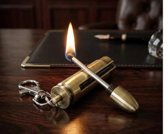 Brass Permanent Match Lighter Keychain,Compact Refillable Petrol Lighter with Clip, WaterproofOutdoor Survival Fire Starter, Unique EDC Gift