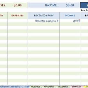 May include: A spreadsheet labelled "JANUARY" showing financial data for 2026. Columns include date, expenses, income, and balance. Categories listed are bank bills, food, rent, and utilities. The opening balance is £50.00.