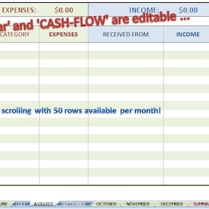 May include: A spreadsheet template for cash flow tracking, featuring a grid layout with columns for date, expenses, income, and balance. The template includes editable fields for the year and cash flow, with a scrolling sheet offering 50 rows per month.