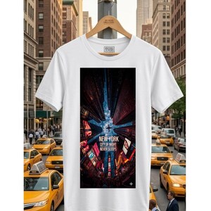 Impresión digital del paisaje urbano de Times Square, Nueva York: Vista a ras de suelo con avión para diseño de camisetas.