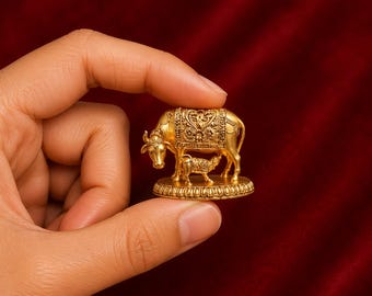 Handmade Kamadhenu Cow & Calf Idol 1.41” Panchalogam Bronze | Komadha Sacred Cow Statue | Hindu Spiritual Pooja Décor