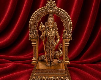 Handcrafted 3.62" Murugan Panchalogam Bronze Idol with Arch | Subramanya Statue | Hindu Temple Decor | Protection & Divine Blessings