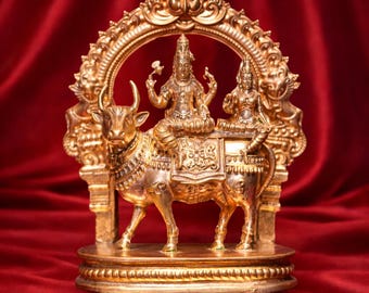 Handmade 3.93” Pradosha Murti Uma Maheshwari Idol – Panchalogam Bronze | Shiva Parvati on Nandi | Hindu Pooja Décor
