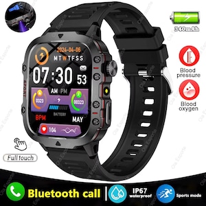 May include: Black smartwatch with a rectangular face displaying the date, time, and health metrics. Features include Bluetooth call, sports mode, and blood pressure monitoring. The watch has a black strap and a battery capacity of 340mAh.