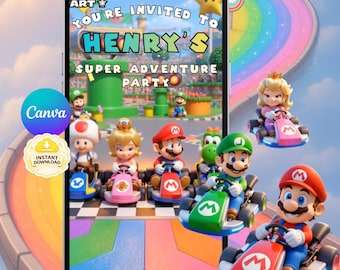 Super Mario Racing Birthday Video Invitation with Photo, Fun Adventure Party Invite, Editable Template