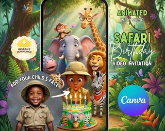 Safari Birthday Video Invitation | Edit in Canva | Jungle Animal Theme | Wild Phone Invite