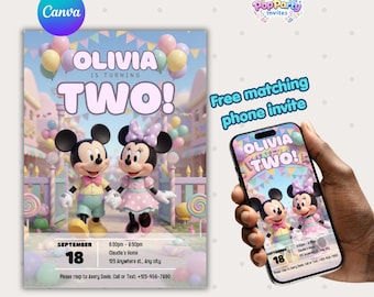 Mickey and Minnie Birthday Invitation Digital Editable Template (5x7 in)