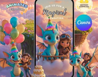 Magical Dragon Birthday Video Invitation | Girl & Dragon Fantasy Invite | Digital Download | Editable in Canva