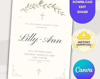 Elegant Baptism Invitation | Christening Invite | Editable Canva Template | Printable 5x7 | Instant Download