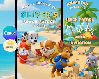 PAW Patrol Beach Birthday Video Invitation | Add child photo, Editable Canva (Digital Download)