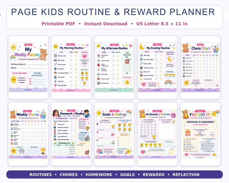 Kids Routine and Reward Planner | Chore Chart, Daily Goals (10 Page PDF ...