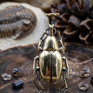 May include: A gold-toned metal ring shaped like a rhinoceros beetle. The beetle features a polished, reflective surface with detailed legs, antennae, and a prominent horn extending from the head. The ring band is visible beneath the beetle's body.