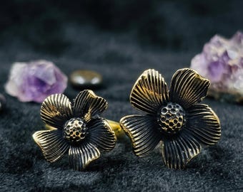 Double Flower Ring, Floral Statement Ring, Vintage Flower Adjustable Ring, Botanical Flower Jewelry, Nature Inspired Floral Ring