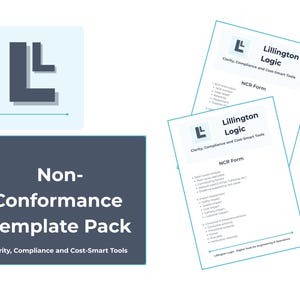 Op de afbeelding: Een digitaal productpakket getiteld "Non-Conformance Template Pack" met de tekst "Clarity, Compliance and Cost-Smart Tools". De afbeelding bevat twee NCR-formulieren en een logo. De formulieren zijn wit met een turquoise rand en tekst.