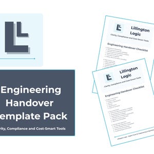 Può includere: Immagine con un rettangolo blu scuro con il testo "Engineering Handover Template Pack" e lo slogan "Clarity, Compliance and Cost-Smart Tools". Include anche un logo e due liste di controllo intitolate "Engineering Handover Checklist".