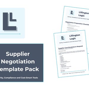 Può includere: Un pacchetto di modelli digitali per la negoziazione con i fornitori, con un logo e il testo "Supplier Negotiation Template Pack". Include liste di controllo e richieste di ripartizione dei costi. I documenti sono contrassegnati dal logo "Lillington Logic".