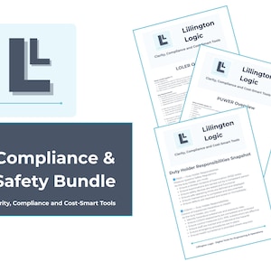 Può includere: Immagine di un pacchetto di conformità e sicurezza. I documenti mostrano il logo "Lillington Logic" e titoli come "LOLER Overview" e "Duty Holder Responsibilities Snapshot". Il testo "Clarity, Compliance and Cost-Smart Tools" è anche visibile.
