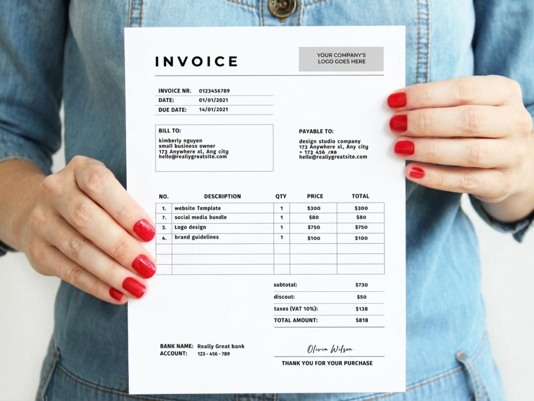 Simple Invoice Template, Invoice Template With Logo, Small Business ...