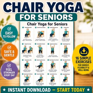 Op de afbeelding: Een turquoise en witte poster getiteld "Stoelyoga voor senioren" met 16 eenvoudige oefeningen. De poster bevat illustraties van zittende yogahoudingen en de tekst "Gemakkelijk te volgen", "Veilig & Zacht" en "Voel je elke dag sterker".