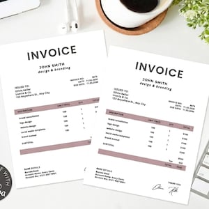 Puede incluir: Dos facturas blancas con el encabezado "INVOICE" y el texto "design & branding". Las facturas enumeran servicios como consultoría de marca y diseño de logotipos. Una pegatina "PERSONALIZE WITH Canva" está en la esquina inferior izquierda.