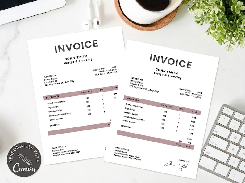 Simple Invoice Template, Minimal Invoice Template Canva Editable ...