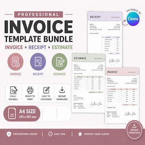 May include: A professional invoice template bundle with invoice, receipt, and estimate options. The design includes icons for each document type, with the text "Invoice", "Receipt", and "Estimate". The templates are A4 size, 210 x 297 mm.