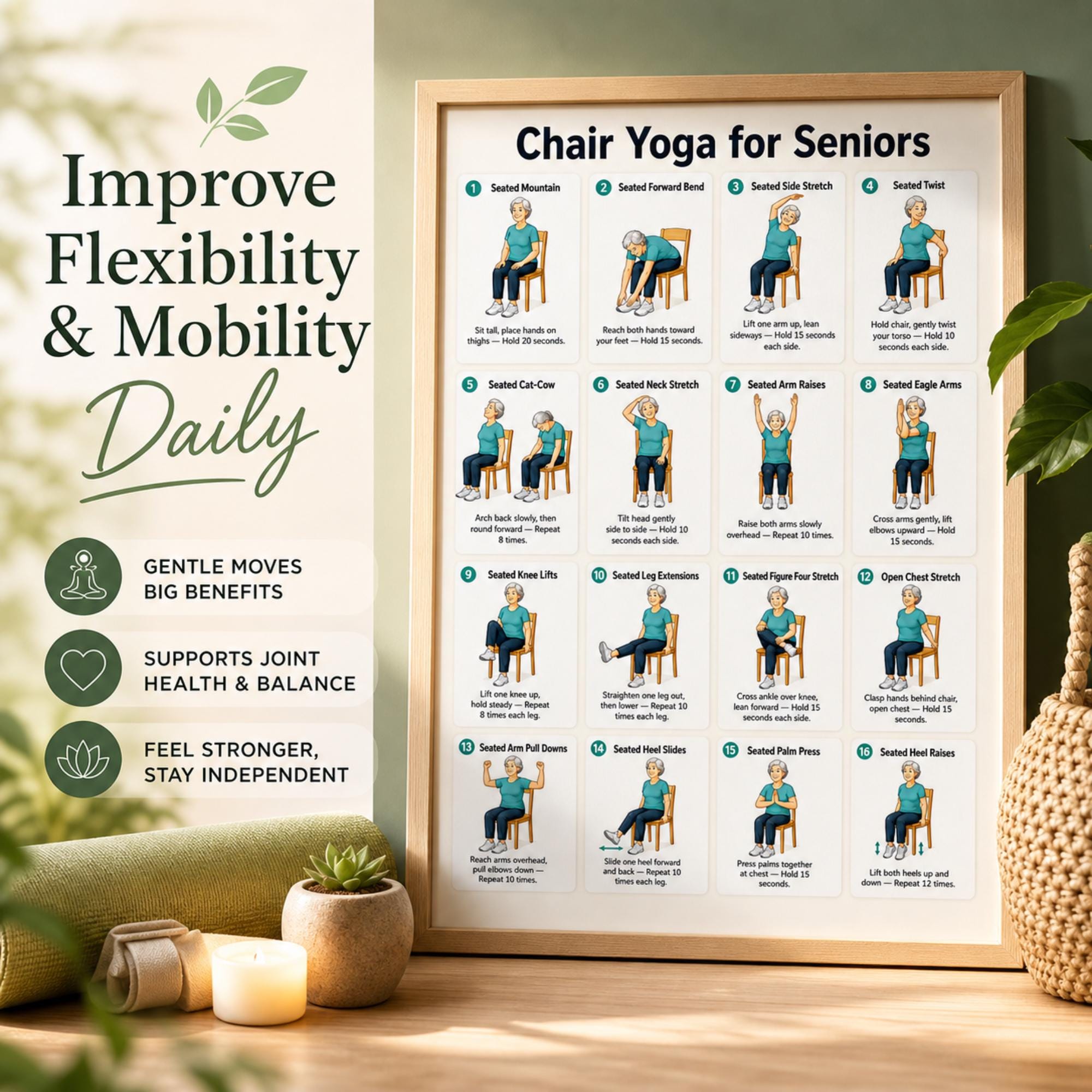 Chair Yoga for Seniors Printable PDF, Seated Yoga Chart With 16 Gentle