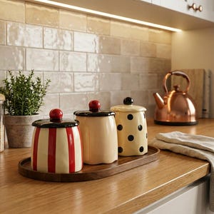 Tarro de cerámica para almacenar: almacenamiento decorativo para la cocina, diseño de lunares, utensilios de cocina únicos, tarro de cerámica hecho a mano