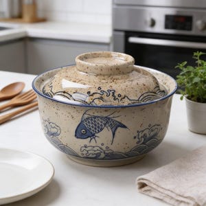 Tazón de cerámica para ramen: tazón japonés con tapa, tazón vintage pintado a mano para sopa y fideos, regalo de inauguración de la casa para mamá o ella.