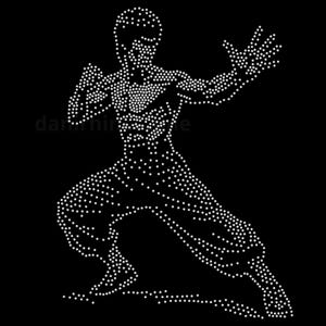 May include: A white rhinestone design of a martial artist in a fighting stance against a black background. The figure is composed of numerous small, closely spaced rhinestones, creating a sparkling effect. The image has the text "darnin' me" in the upper left corner.