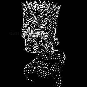 May include: A rhinestone design of Bart Simpson on a black background. The image features a detailed outline of Bart's face, hair, and clothing, created using numerous small, sparkling rhinestones. The design is a pop culture reference.