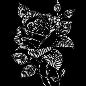 May include: A floral design of a rose and leaves, made from white dots on a black backdrop. The design is detailed, with the dots forming the petals and foliage. Suitable for apparel or craft projects.
