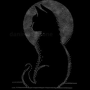 May include: A black silhouette of a cat sitting in front of a dotted circle, resembling a moon. The cat's outline and the moon are created with small white dots. The image has the text "danirone" in white.