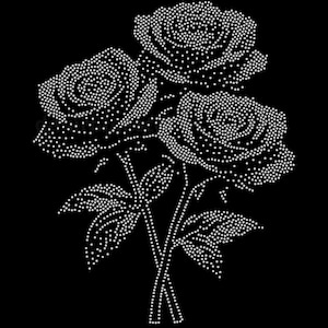 May include: A black background showcases a floral design of three roses. The roses, leaves, and stems are formed from small white dots, creating a sparkling effect. The design is a detailed illustration of a bouquet.